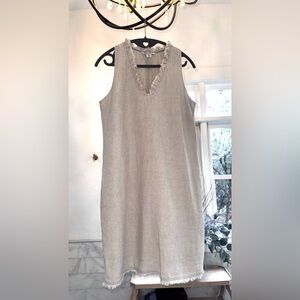 Tommy Bahama Linen Shift Dress Tan Sleeveless Neck Pockets Fully Lined size S/P